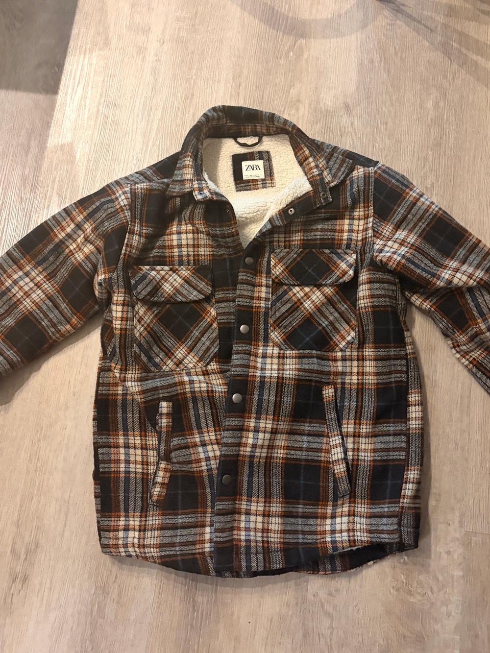 Zara Brown Navy Cream Plaid Sherpa-Lined Jacket